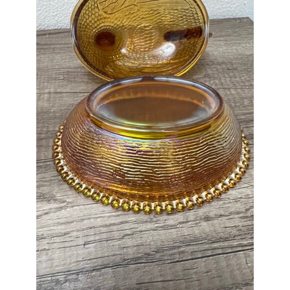 Indiana Glass Amber Iridescent Hen on Nest Dish Vintage Style Carnival Glass - Picture 14 of 16
